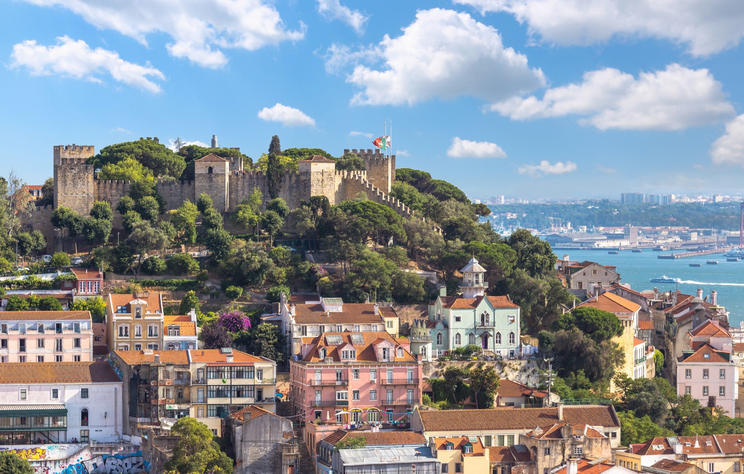 Blick über Lissabons Altstadt mit roten Dächern und dem Tejo